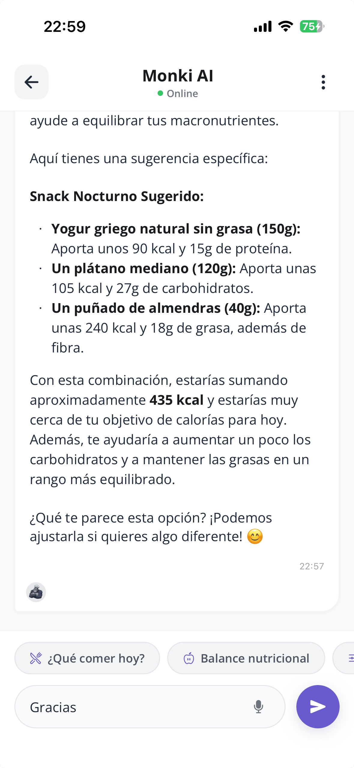 Pantalla real del chat Monki AI ofreciendo una recomendación nutricional personalizada