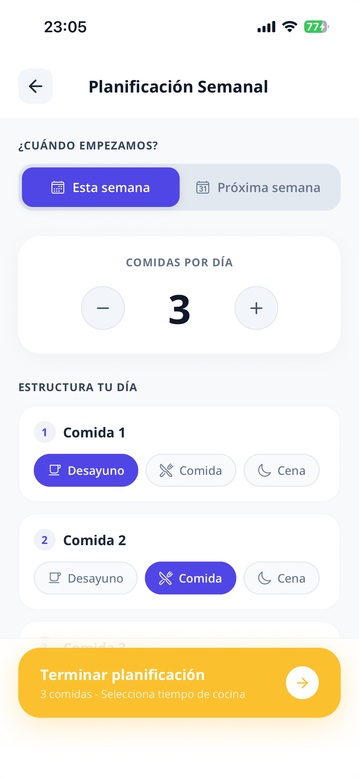Pantalla real de Macroape para configurar la planificación semanal y las comidas de cada día